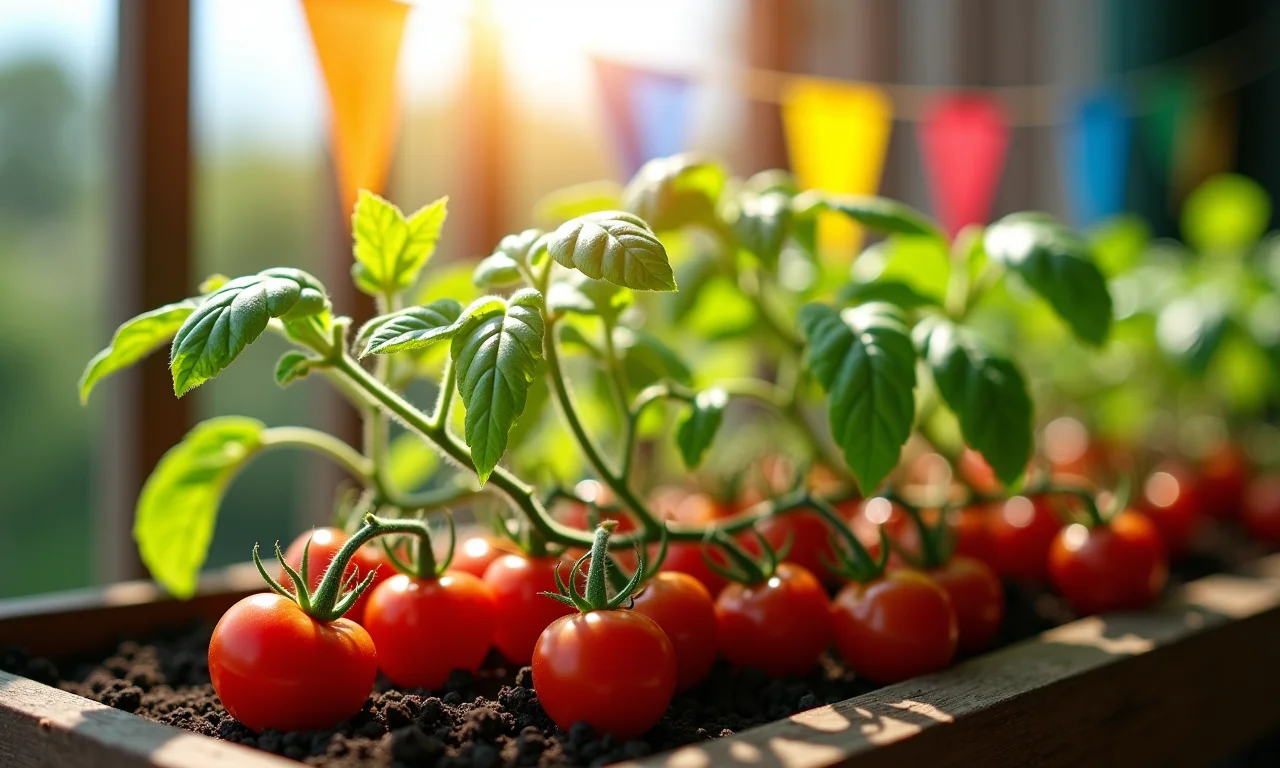 Tomate cereja crescendo sob a luz solar em varanda brasileira.