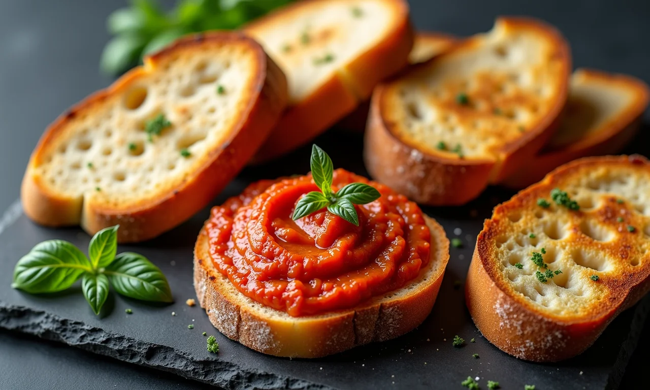 Torradas e pães especiais com patê de tomate.