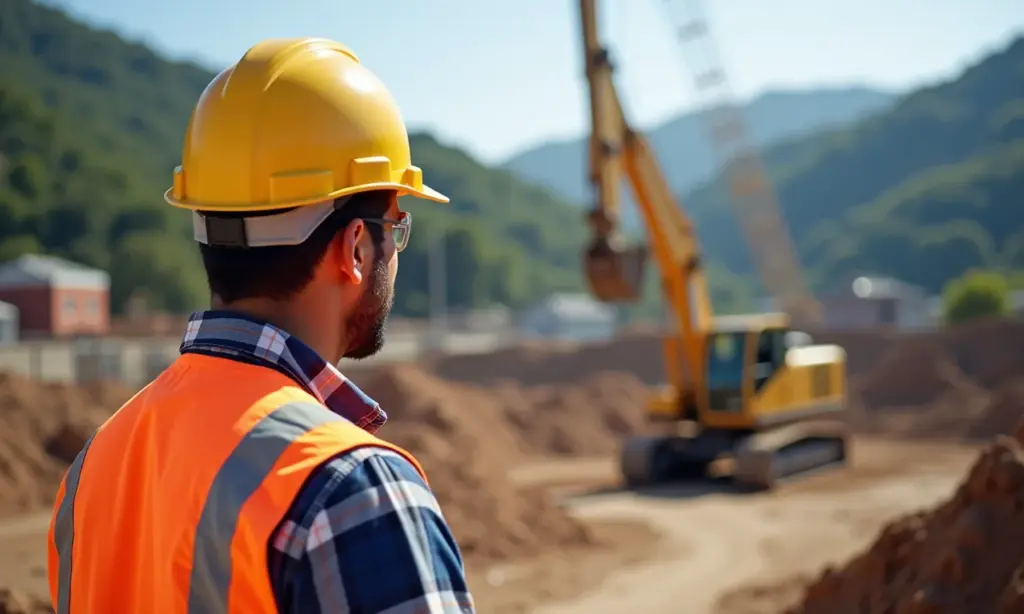 Qual A Diferença De Ato Inseguro E Condição Insegura? Trabalhador da construção civil usando EPIs observa riscos no canteiro de obras.