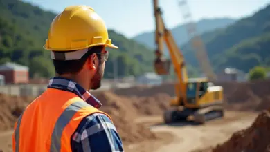 Trabalhador da construção civil usando EPIs observa riscos no canteiro de obras.