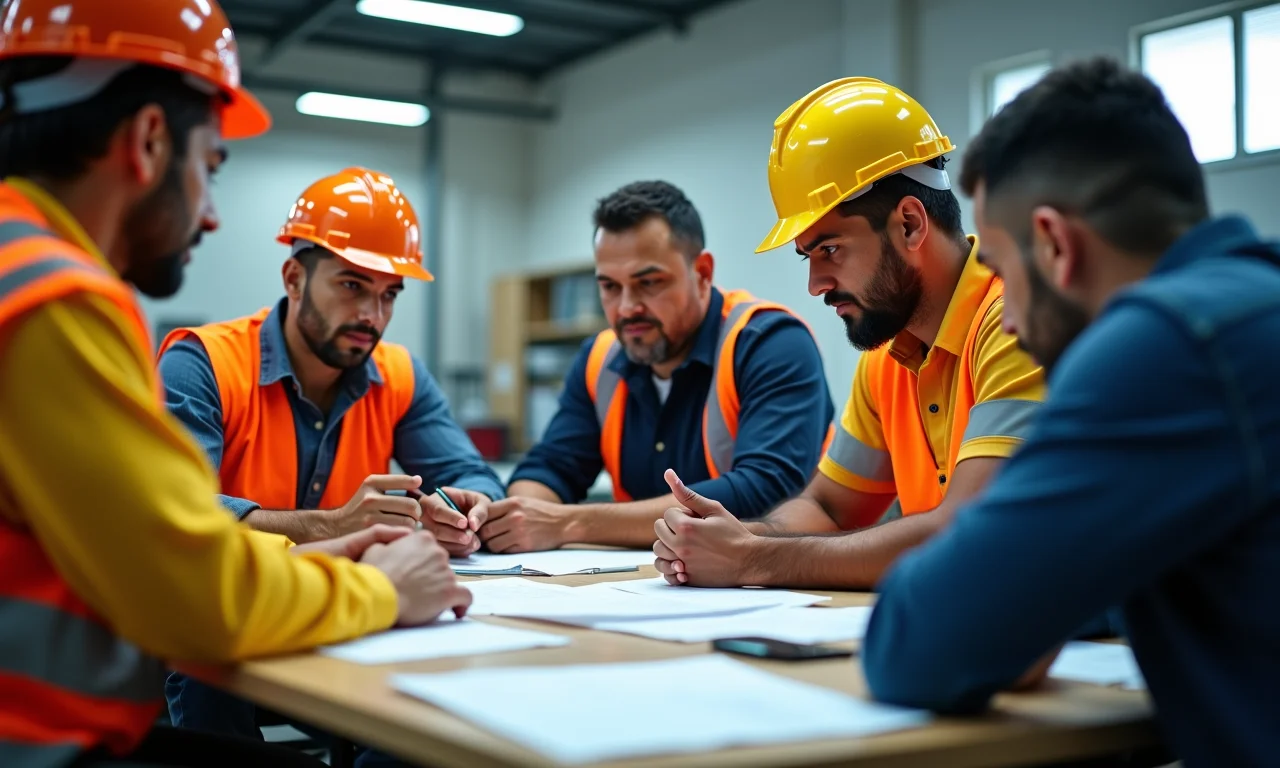 Trabalhadores discutem abertamente relatórios de riscos em reunião de segurança.