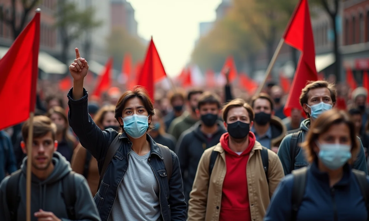 Trabalhadores protestando por melhores salários e condições de trabalho, simbolizando a luta do proletariado.