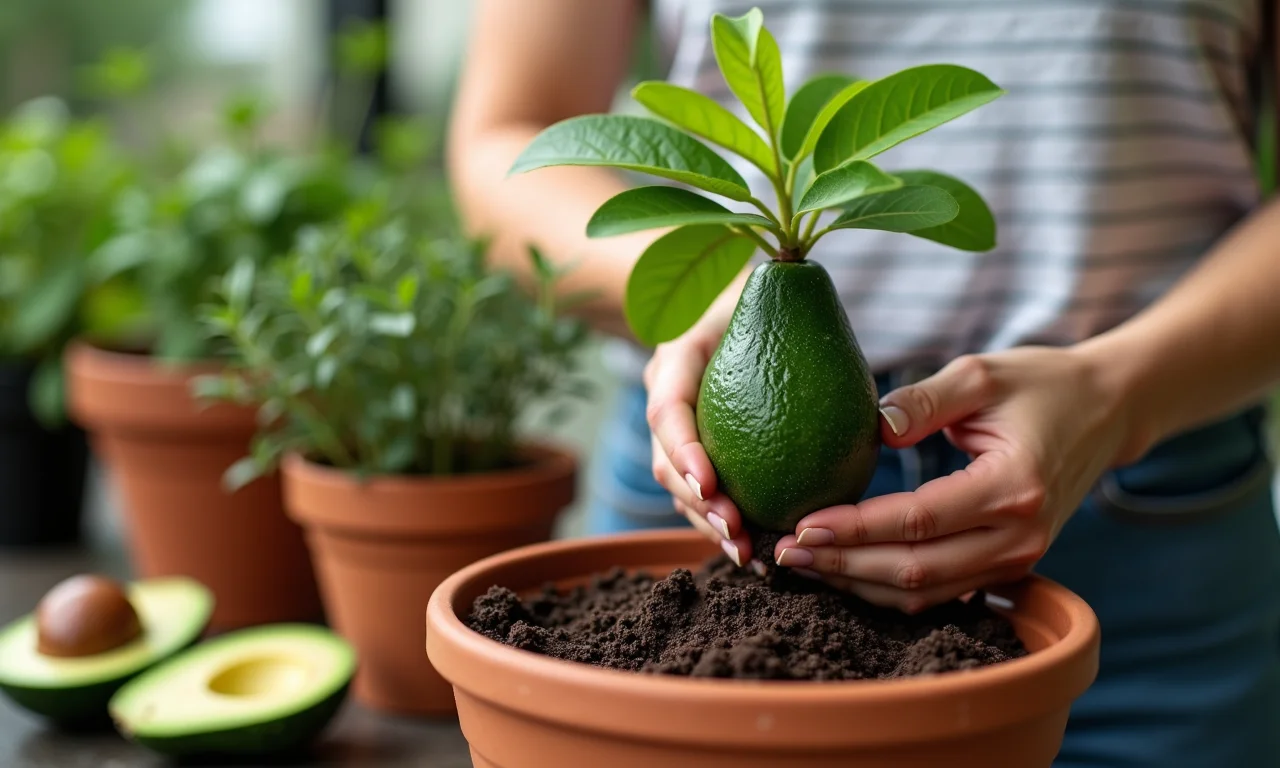 Transplantando muda de abacate para vaso.