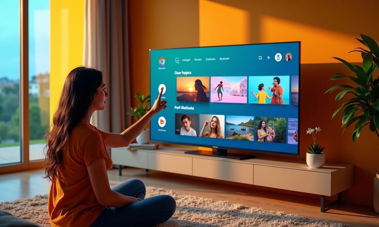 TV moderna exibindo programas interativos, mulher interagindo.