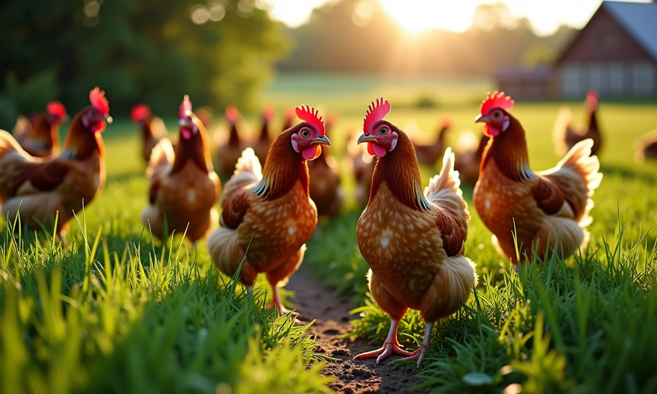 Uma fazenda de galinhas poedeiras com pastos verdes e galinhas felizes.
