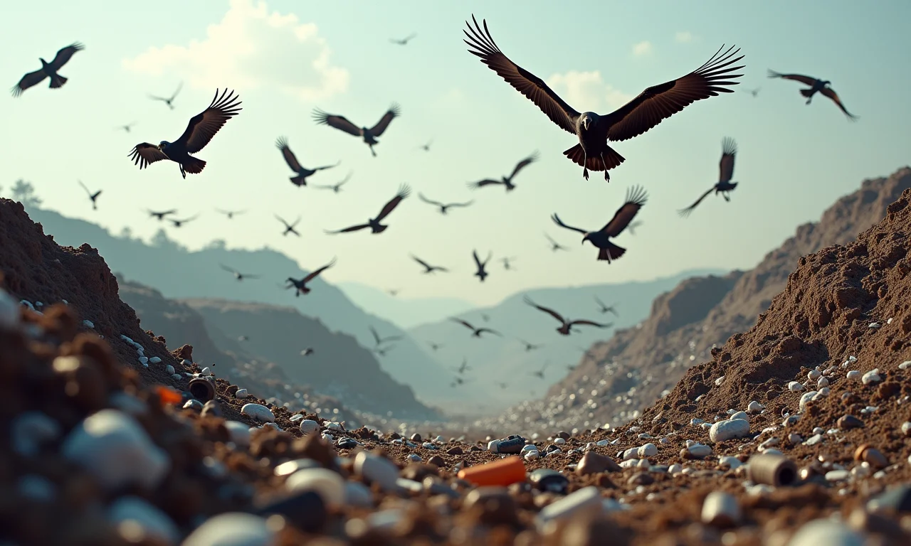 Urubus sobrevoando lixão, representando perigo à saúde.