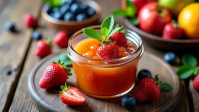 Variedade de geleias caseiras naturais sem conservantes em mesa de madeira rústica.