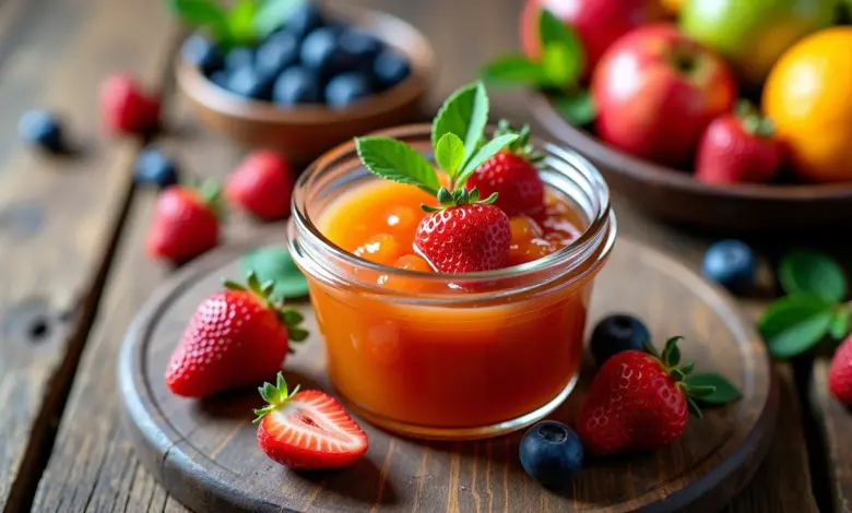 Variedade de geleias caseiras naturais sem conservantes em mesa de madeira rústica.