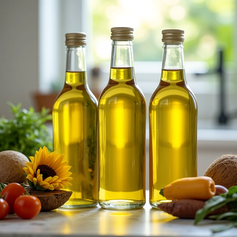 Variedade de óleos vegetais em uma cozinha iluminada e organizada.