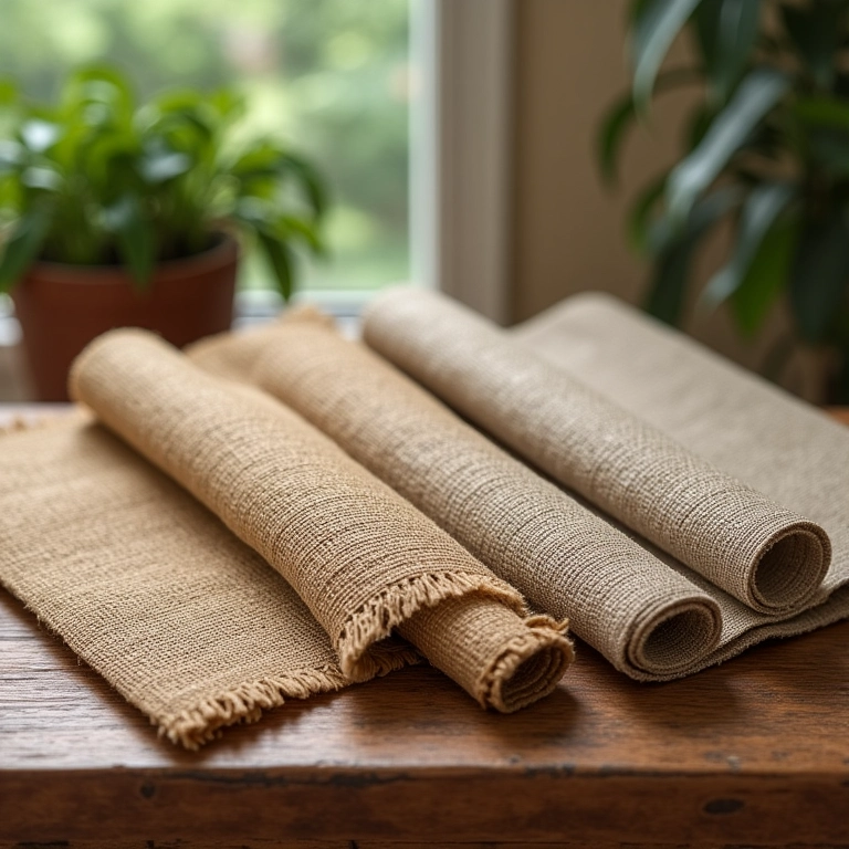Variedade de tecidos de juta em cores e texturas diferentes sobre mesa de madeira.