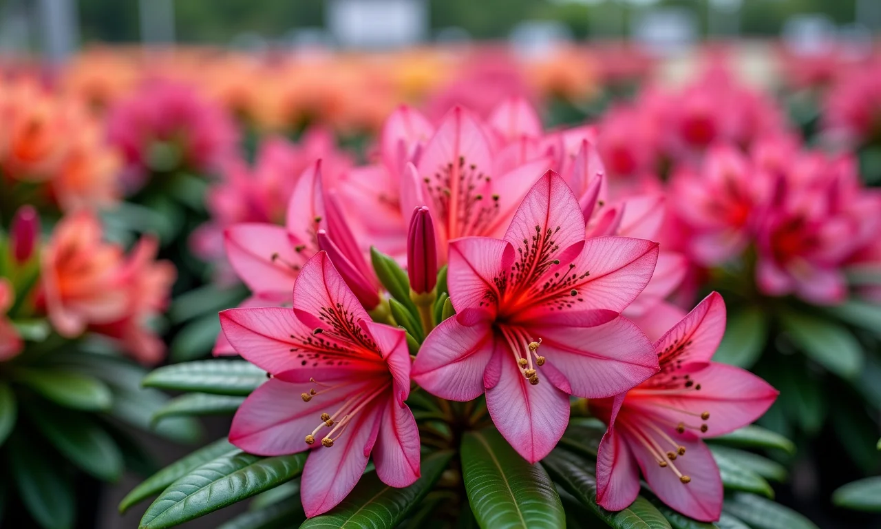 Variedade de tipos de azaleias em um viveiro de plantas brasileiro.