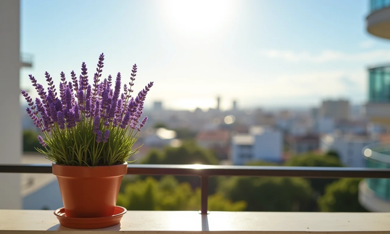 Vaso de lavanda em varanda ensolarada com paisagem urbana brasileira.