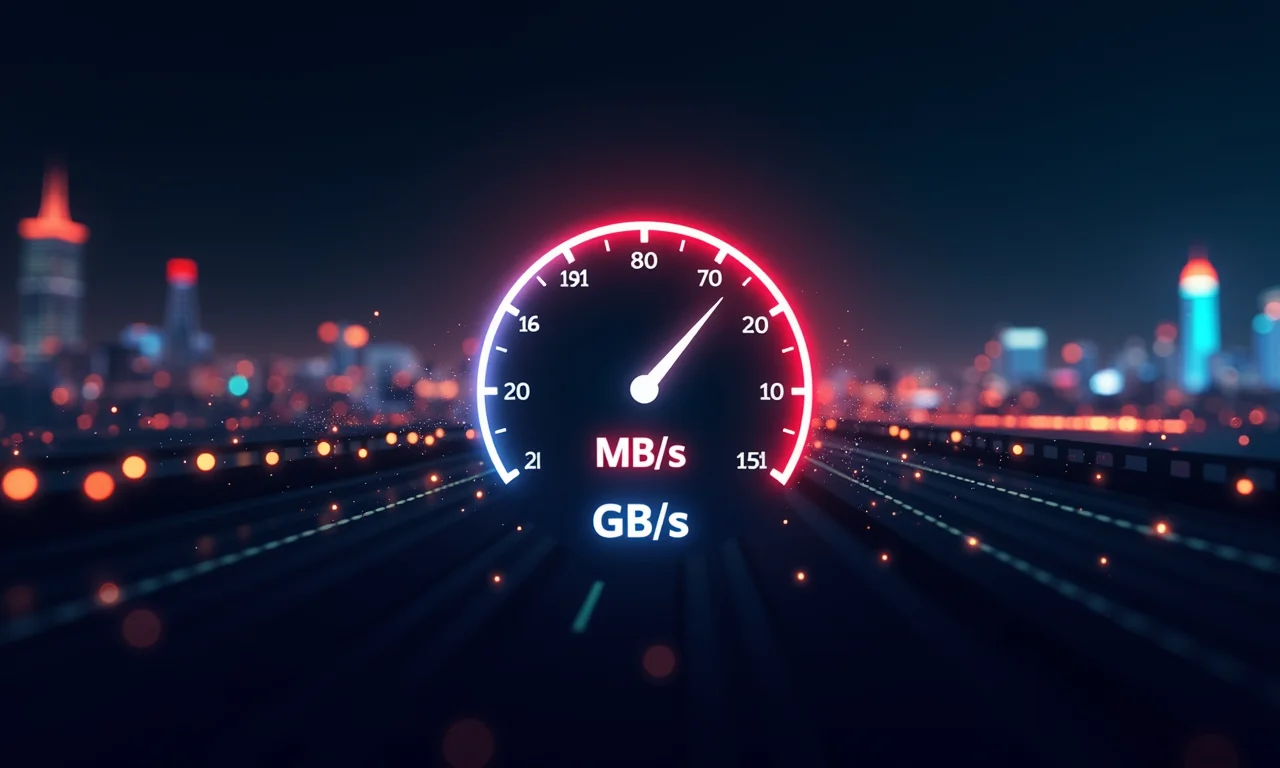 Velocímetro mostrando a velocidade da internet em MB/s e GB/s.