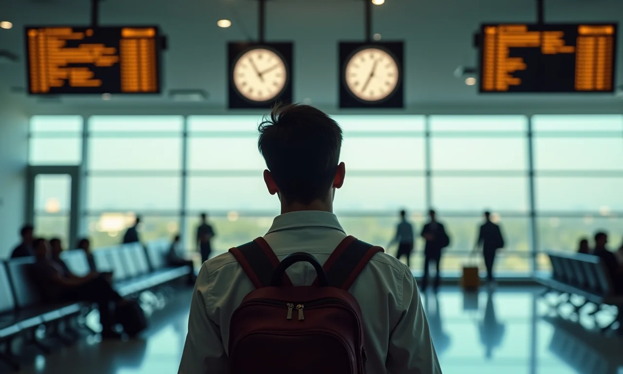 Viajante confuso olhando para dois relógios com horários do Brasil e da Índia em um aeroporto.