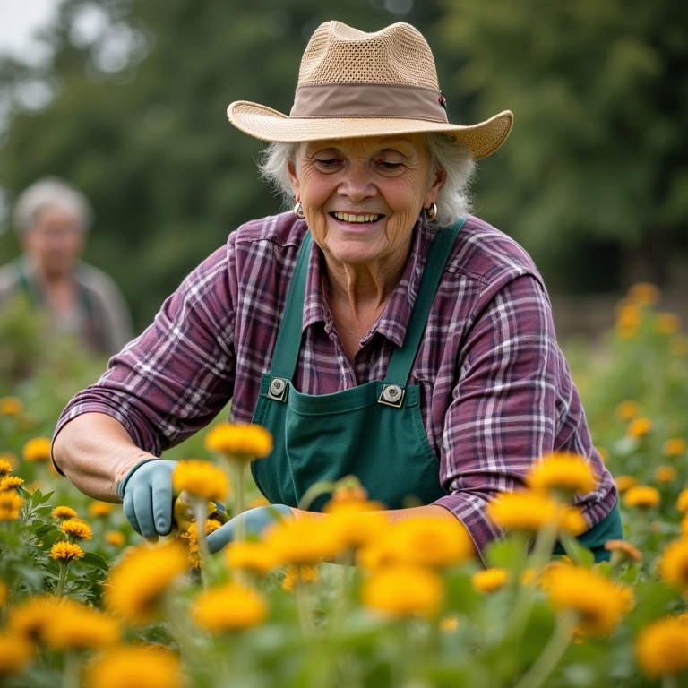 Voluntária ajudando idosa em horta comunitária.