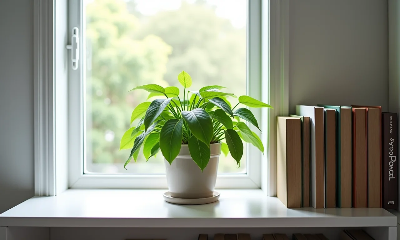Zamioculca em estante perto da janela.